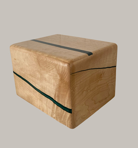 Minimalist Cremation Urn-Birdseye maple, green epoxy, imperfect wood, for Adult Human Ashes, up to 185 pounds