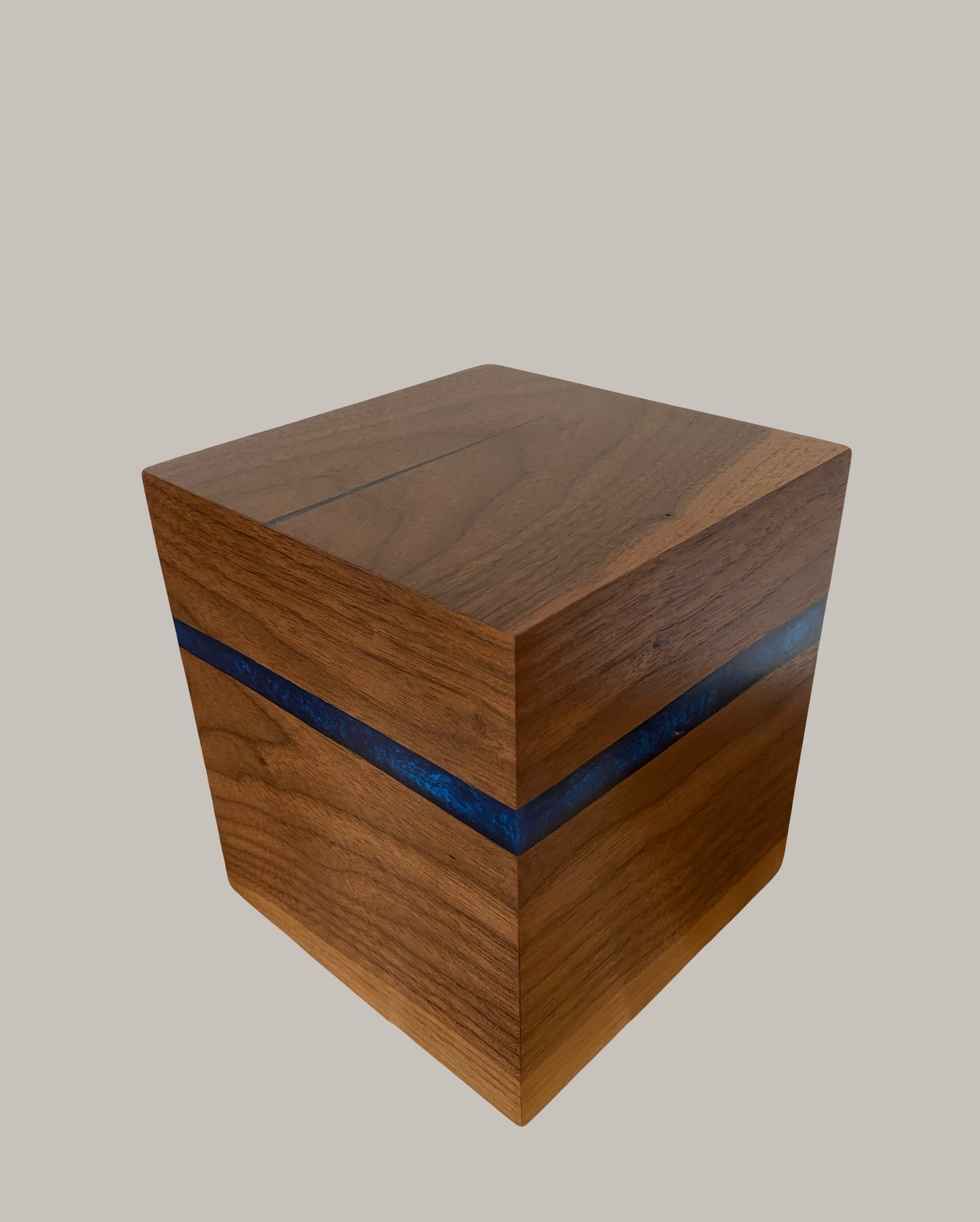 Handcrafted Cremation Urn-Black Walnut, blue epoxy, marbled imperfect wood, for Adult Human Ashes, up to 120 pounds