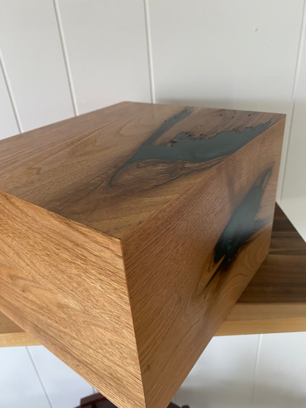Minimalist Cremation Urn-Butternut, green epoxy for Adult Human Ashes, up to 300 pounds