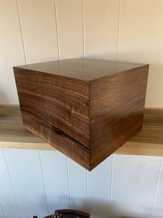 Minimalist Cremation Urn-Black Walnut, blue epoxy, imperfect, knotty, for ashes, up to 350 pounds