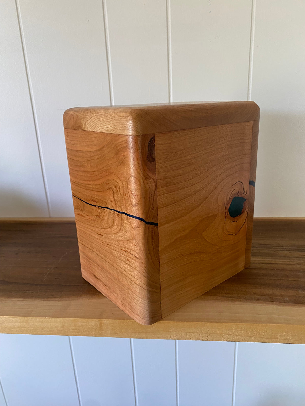 Minimalist Cremation Companion Urn-Cherry with green and blue epoxy, for Ashes, up to 100 pounds
